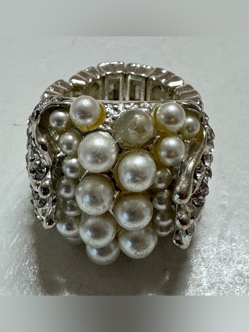 Pearl Cluster and clear rhinestone Statement Ring - Silver Tone